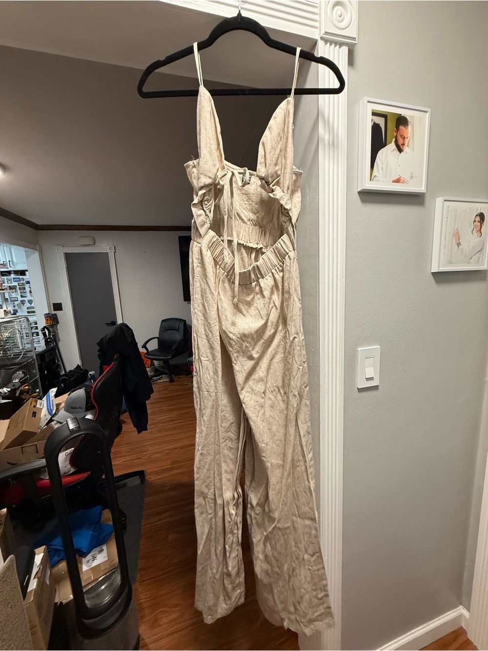 SHEIN Neutral Beige Tie-Front Wide-Leg Jumpsuit